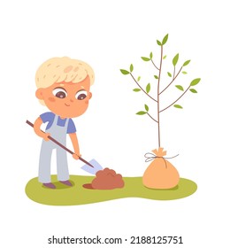 Child volunteer working in farm garden, kid planting sapling vector illustration. Cartoon isolated little boy holding shovel to dig young tree in soil, save ecosystem, nature and ecology of Earth