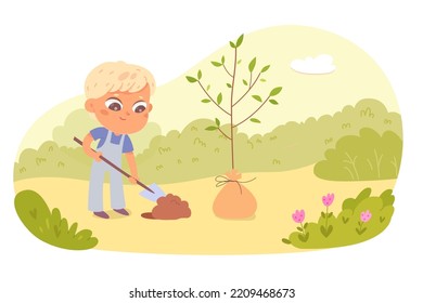 Niños voluntarios trabajando en un huerto agrícola, niños plantando ilustraciones vectoriales. Caricatura aisló a un niño pequeño sosteniendo palas para cavar árboles jóvenes en el suelo, salvar el ecosistema, la naturaleza y la ecología de la Tierra