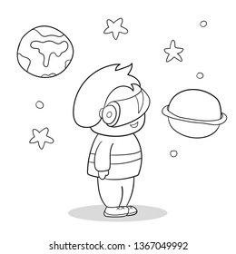 Child in VR glasses. Modern technologies for gaming. Coloring book page design for kids