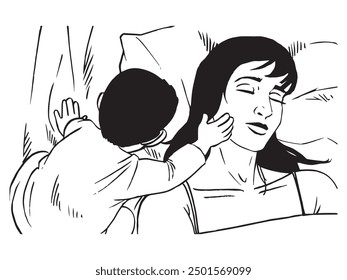 A child wakes up mom. Illustration in black and white and vector format. Please note that this illustration is not AI Generated content.