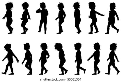 child walking, black silhouettes, fourteen different postures