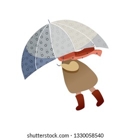 Child walking with blue umbrella. Windy weather. Girl in raincoat, scarf and boots. Autumn season. Trendy vector design