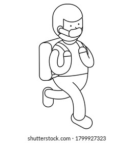Child walking carrying bags and masks. Black and white coloring book page