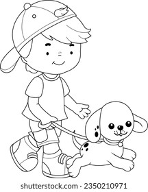 Child walking the dog. Vector black and white coloring page.