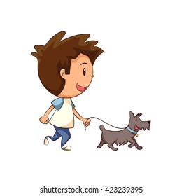 Child walking dog, vector illustration