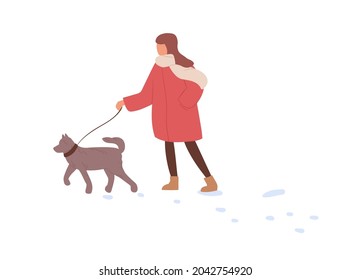 Child walking with dog in winter. Kid leading puppy on leash in cold weather with snow. Girl, pet owner strolling with doggy in wintertime. Flat vector illustration isolated on white background