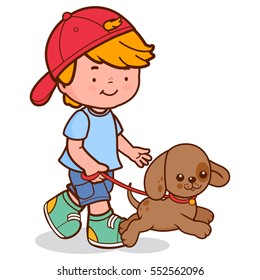 Child  walking his pet dog. Dog owner boy kid run walk his puppy pet on leash. Vector illustration