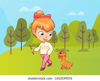 Child walking in nature vector, kid spending time with pet. Owner of canine, friendship between human and animal. Holidays in summer, vacations on nature