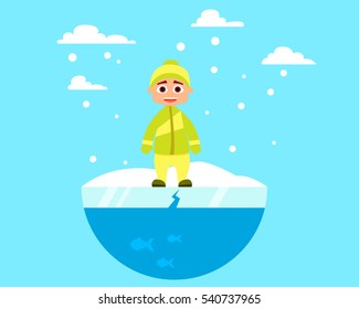 Child walking on ice. Flat design. Vector illustration