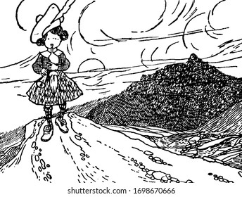 A child walking on road and playing pipe, vintage line drawing or engraving illustration