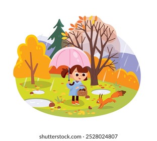 Child  walking outside. Autumn landscape with tree and puddles. Autumn park background. Fall rainy.