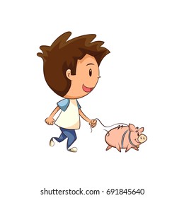 Child walking pig