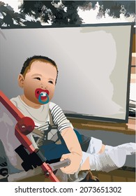the child is walking in a stroller 