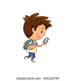 Child walking using smartphone, vector illustration