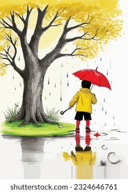 A child walks on water, next to a tree. He is wearing yellow clothes and holding a yellow umbrella. And the sky is raining. AI Vector.