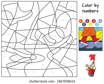 Child walks in a puddle in rubber boots. Color by numbers. Coloring book. Educational puzzle game for children. Cartoon vector illustration