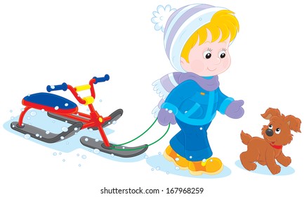 Child walks with a snow scooter