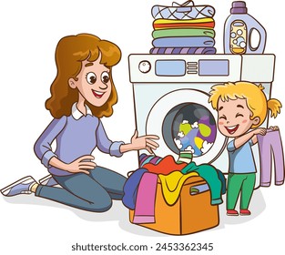 The child wants to help his mother take the clothes out of the washing machine. Character design. Vector flat illustration