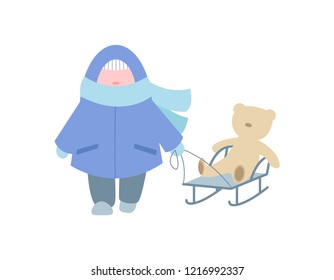 Child in warm clothes rolls a sled with a toy bear. Vector illustration.