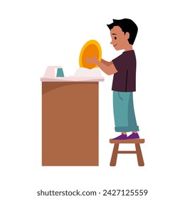 Child washes dishes in kitchen sink after eating, flat cartoon vector illustration isolated on white background. Involving child in daily household chores.