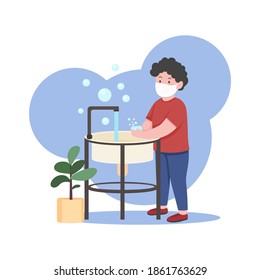 Child washes hands flat concept vector illustration. Personal hygiene. Disinfection from virus. Boy in medical mask 2D cartoon character for web design. Infection preventive measure creative idea
