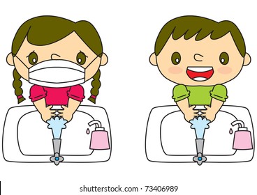 The child washes his hand in the lavatory.