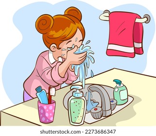 child washing face cartoon vector