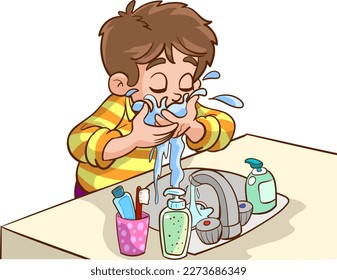 child washing face cartoon vector