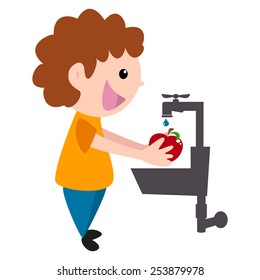Child washing fruit, vector illustration, isolated white background
