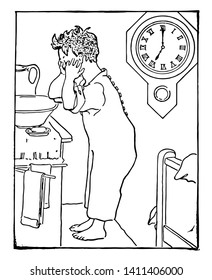 A child is washing his face in the basin. A wall clock behind him showing time as 7:00, vintage line drawing or engraving illustration.