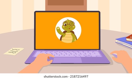 Child watching cartoons concept. Cute smart turtle on laptop screen. Educational programs and entertainment for preschoolers. Remote learning or webinar. Cartoon modern flat vector illustration