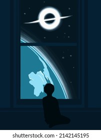 The child is watching the cosmos in the window
