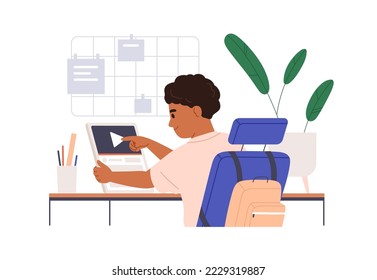 Child watching video, studying online, learning through internet. Happy boy, school kid sitting at desk with tablet PC, looking at screen. Flat vector illustration isolated on white background