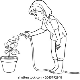 Woman is Watering a Plant in a Pot from a Watering Can Outline Hand Drawn  Sketch Stock Illustration  Illustration of handheld happy 110960106