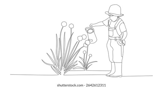 Crianças Regando Plantas - Ilustração de Jardim de Linha Contínua Minimalista