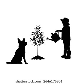 Child Watering Tree with Dog Silhouette - Environmental Care, Nature, Pet Love
