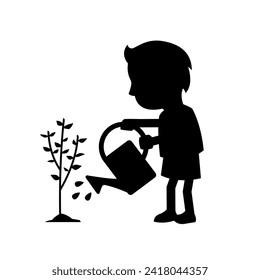 Un niño regando un árbol. Ilustración vectorial.