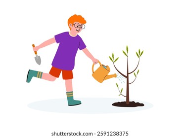Child watering a young tree while enjoying gardening on a sunny day