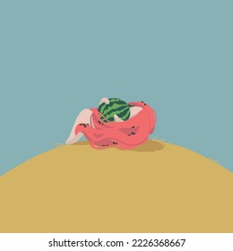 A child with a watermelon. The symbol of Kherson. Ukrainian vector illustration. Girl with red hair. Embrace. Berry in the field. The girl is lying in a meadow.