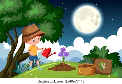 A child waters flowers beneath a bright moon