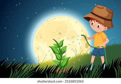 A child waters a plant beneath a glowing moon