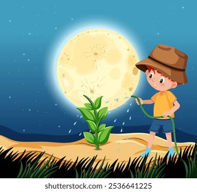 A child waters a plant beneath a glowing moon