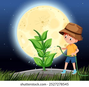 A child waters a plant at night