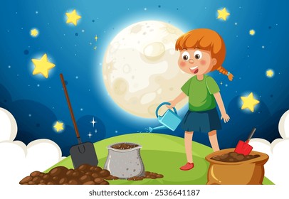 A child waters plants beneath a glowing moon