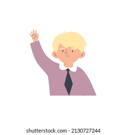 Child waving hand half-length portrait, flat cartoon vector illustration isolated on white background. Cute schoolboy or kindergarten child raising hand in greeting.