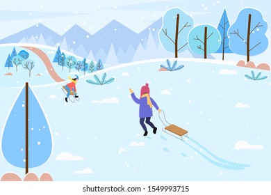 Child waving to mother. Kid pulling sledges walking to mom. People leading active lifestyle sloping downhill. Winter landscape with trees and mountains. Snowy hills and frost outdoors vector