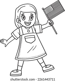 Child Waving USA Flag Isolated Coloring Page 