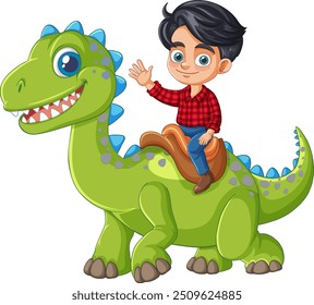 Child waving while sitting on dinosaur