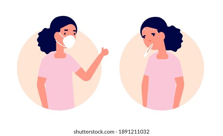 Child wear mask. Healthy vs unhealthy, girl with flu or cold. Kid in facial protection, prevention influenza disease utter vector concept