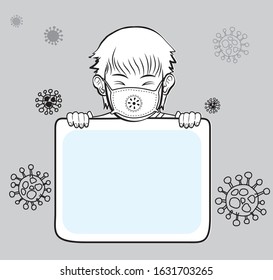 child wear the mask protect the virus hold the label on the background virus cartoon vector 